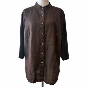 Vicki Vi Womens Chocolate Brown Button Up 100% Linen Lagenlook Shirt Top 1X